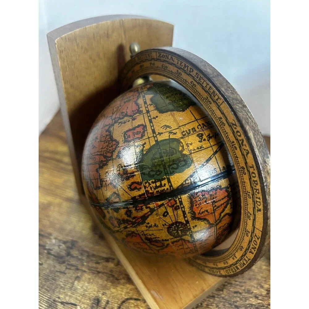 Vintage Italian Globe Bookends Wood Faux Antique Map Library Decor Made in Italy